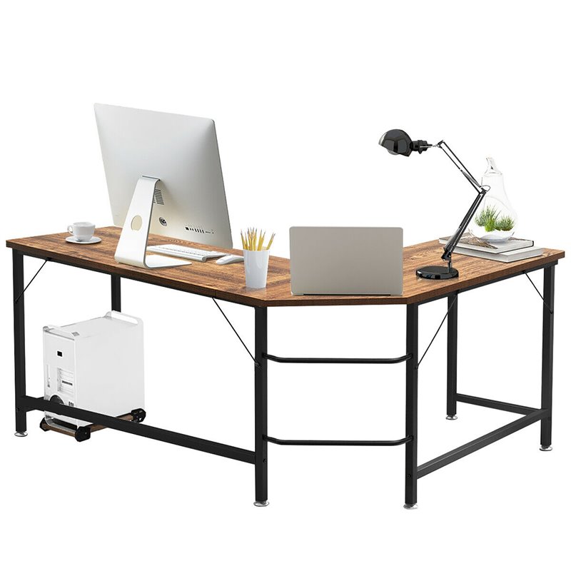 Pemberly Row Iron L-Shaped Corner Computer Desk w/ Adjustable Leg Pads in Brown