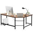 Pemberly Row Iron L-Shaped Corner Computer Desk w/ Adjustable Leg Pads in Brown