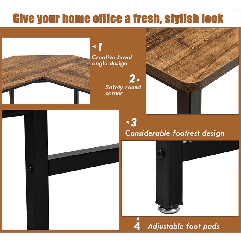 Pemberly Row Iron L-Shaped Corner Computer Desk w/ Adjustable Leg Pads in Brown
