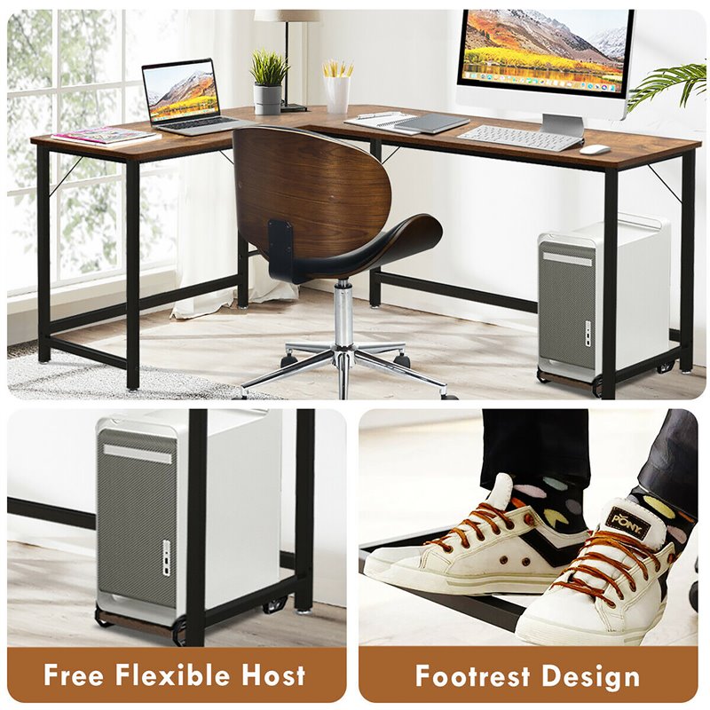 Pemberly Row Iron L-Shaped Corner Computer Desk w/ Adjustable Leg Pads in Brown