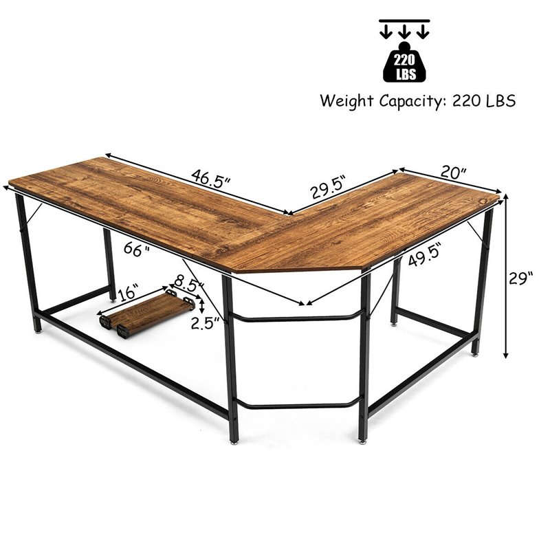 Pemberly Row Iron L-Shaped Corner Computer Desk w/ Adjustable Leg Pads in Brown