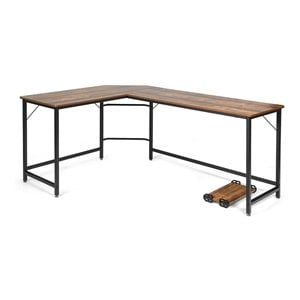 Pemberly Row Iron L-Shaped Corner Computer Desk w/ Adjustable Leg Pads in Brown