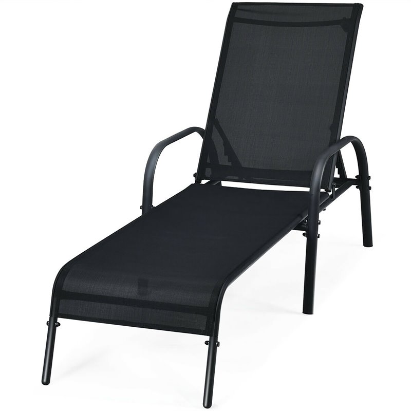 Pemberly Row Steel & Fabric Patio Lounge Chair with Adjustable Backrest in Black