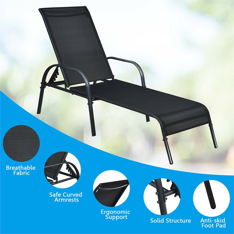 Pemberly Row Steel & Fabric Patio Lounge Chair with Adjustable Backrest in Black