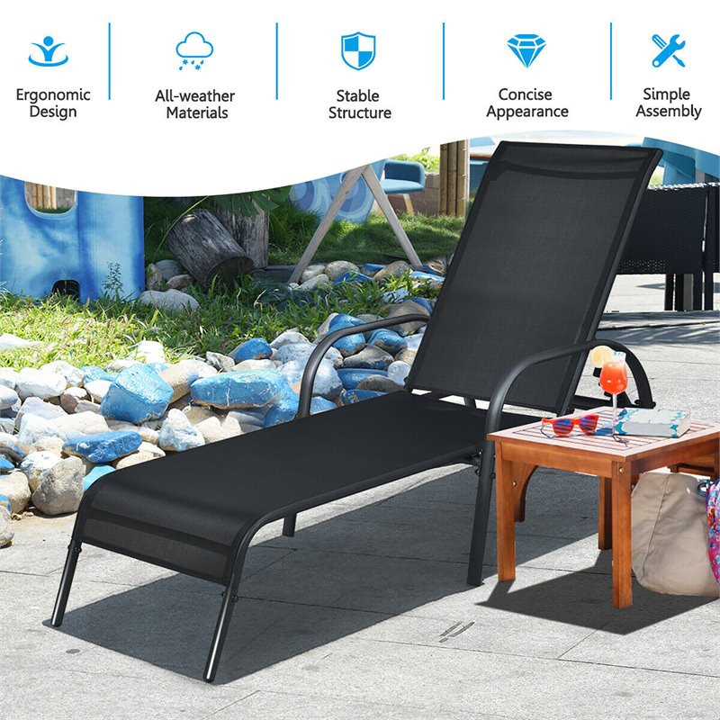 Pemberly Row Steel & Fabric Patio Lounge Chair with Adjustable Backrest in Black