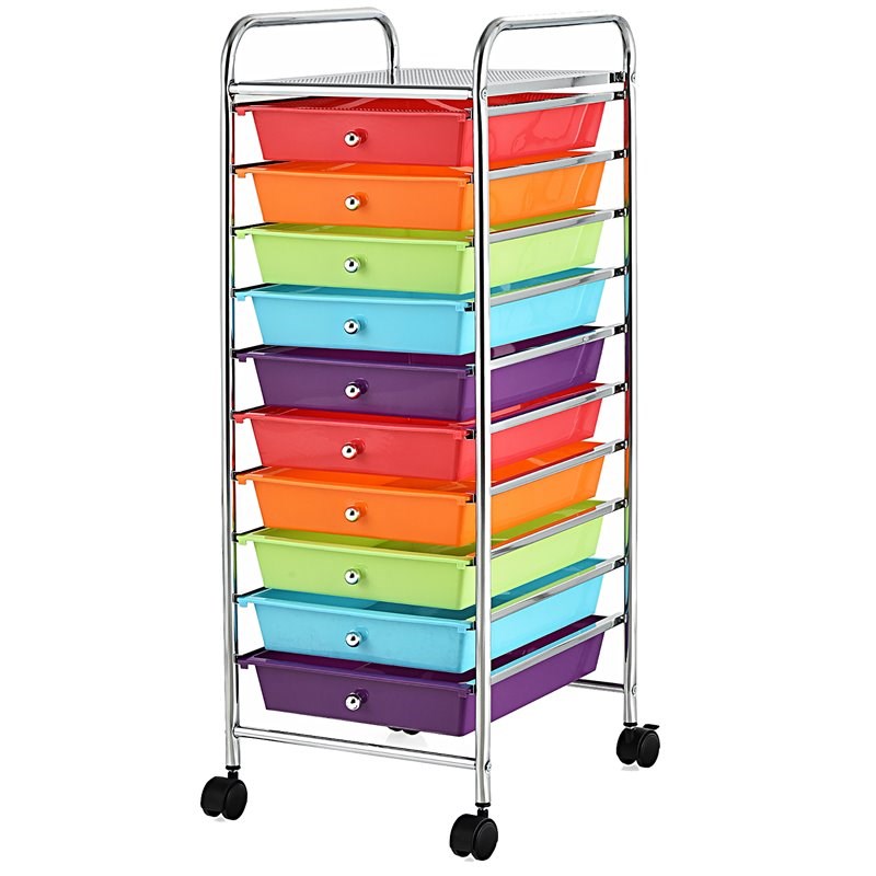Pemberly Row 10-drawer Steel and Plastic Rolling Storage Cart in Multi-Color
