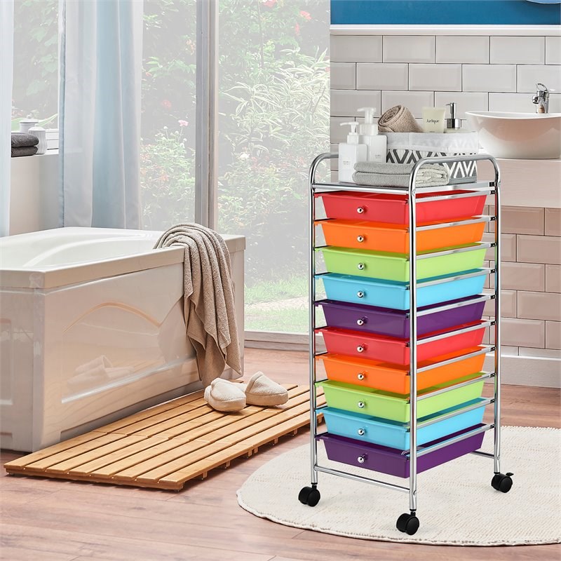 Pemberly Row 10-drawer Steel and Plastic Rolling Storage Cart in Multi-Color