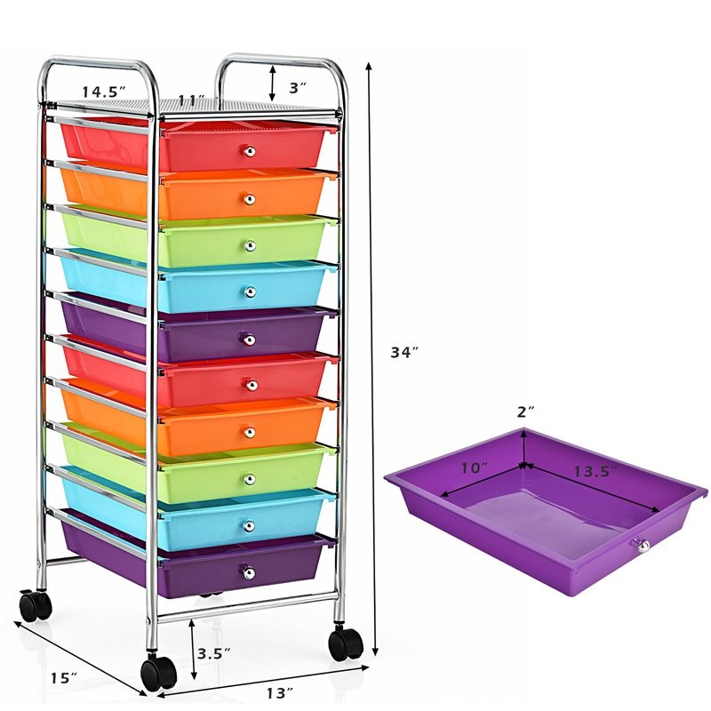 Pemberly Row 10-drawer Steel and Plastic Rolling Storage Cart in Multi-Color