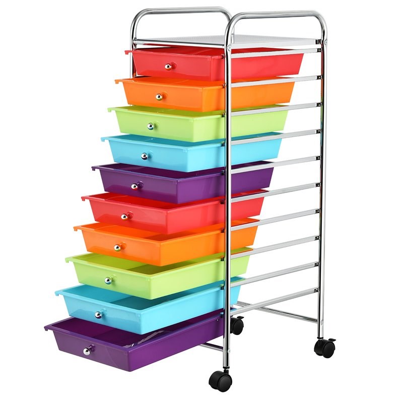 Pemberly Row 10-drawer Steel and Plastic Rolling Storage Cart in Multi-Color