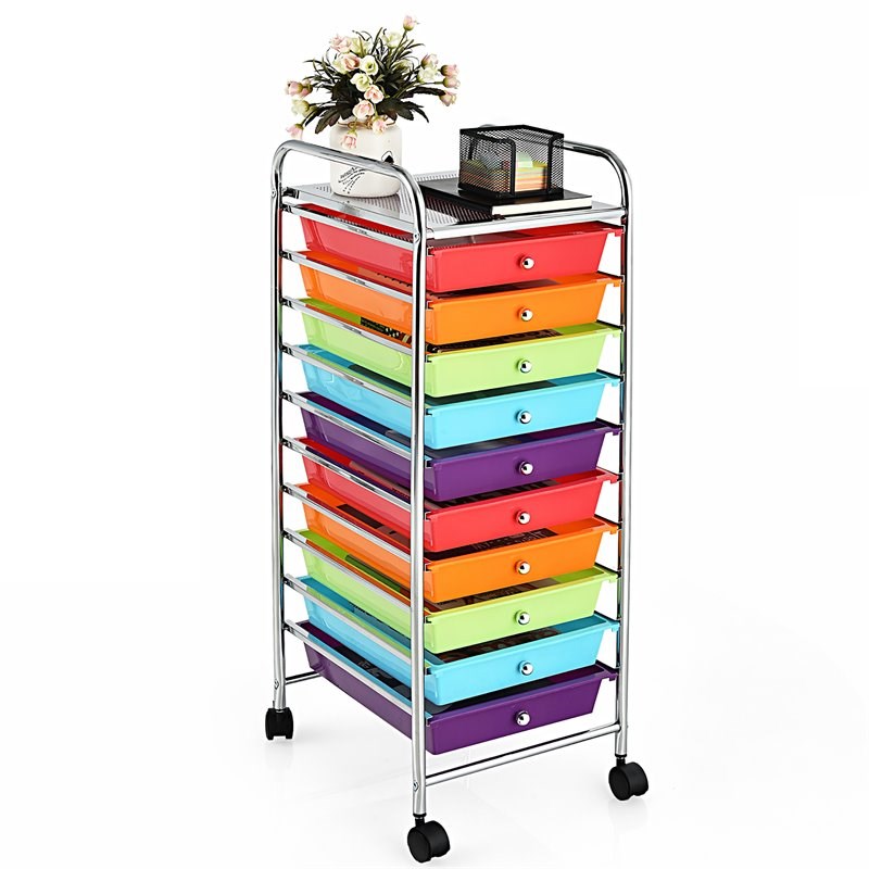Pemberly Row 10-drawer Steel and Plastic Rolling Storage Cart in Multi-Color