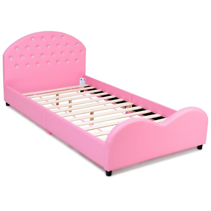 Pemberly Row Plywood PU Upholstered Platform Kids Princess Toddler Bed in Pink