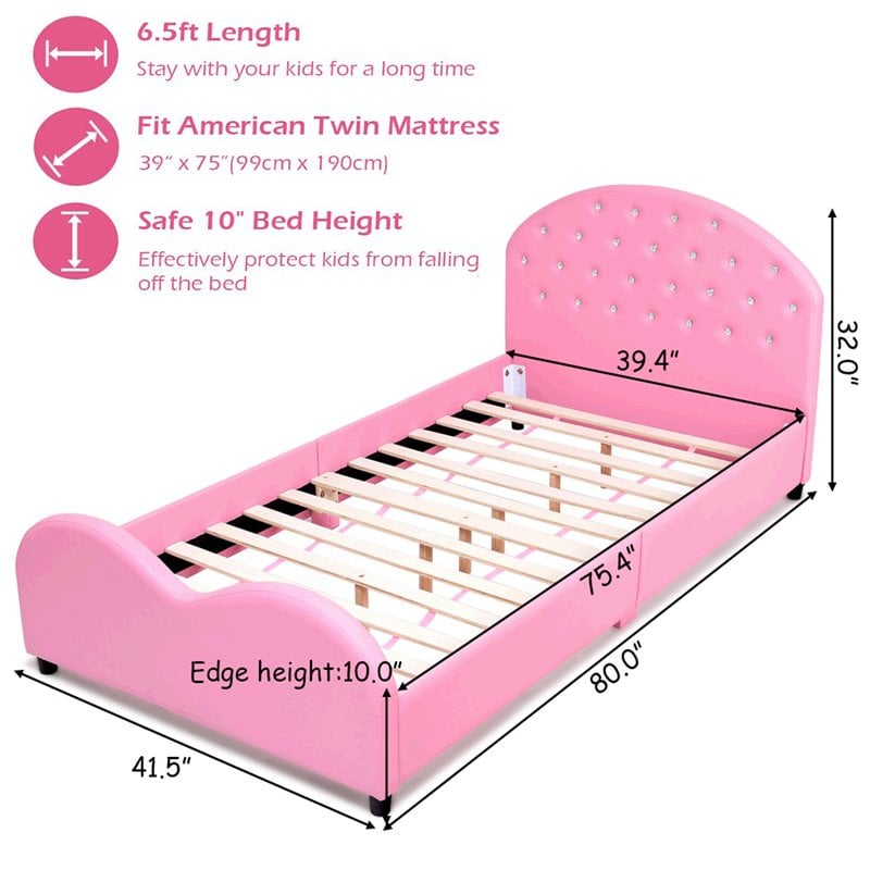Pemberly Row Plywood PU Upholstered Platform Kids Princess Toddler Bed in Pink