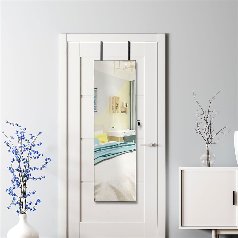 Pemberly Row Wall/Door Mounted Full-length Mirror Jewelry Cabinet in Black