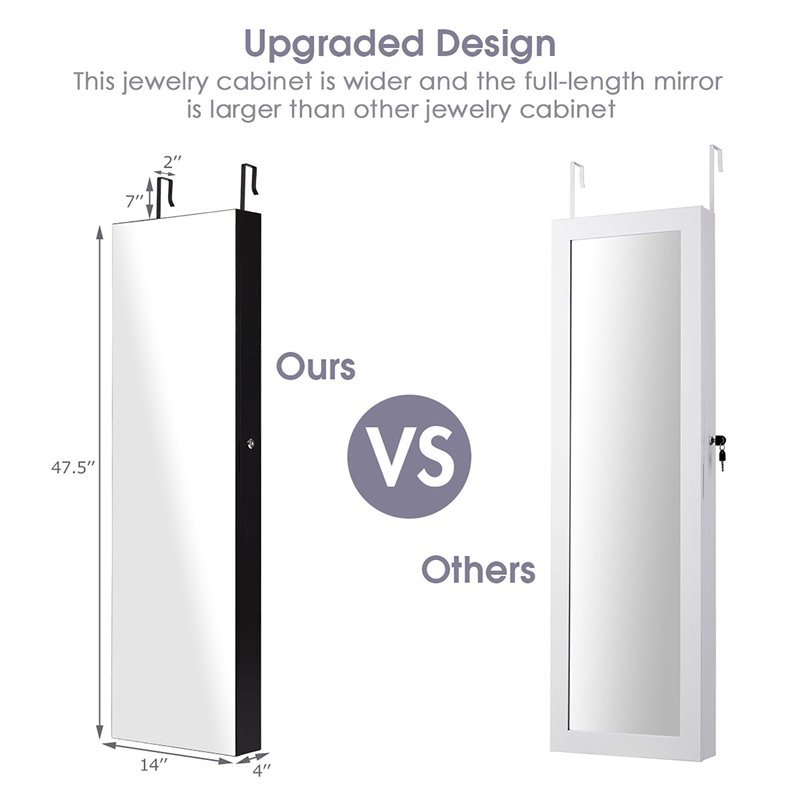 Pemberly Row Wall/Door Mounted Full-length Mirror Jewelry Cabinet in Black