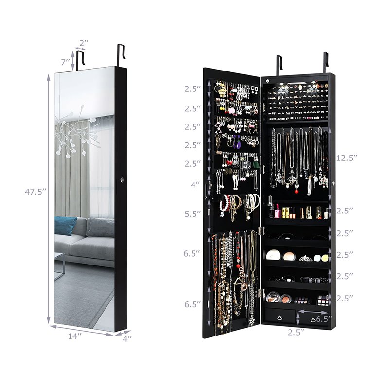Pemberly Row Wall/Door Mounted Full-length Mirror Jewelry Cabinet in Black
