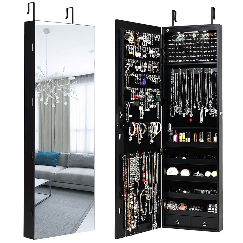 Pemberly Row Wall/Door Mounted Full-length Mirror Jewelry Cabinet in Black