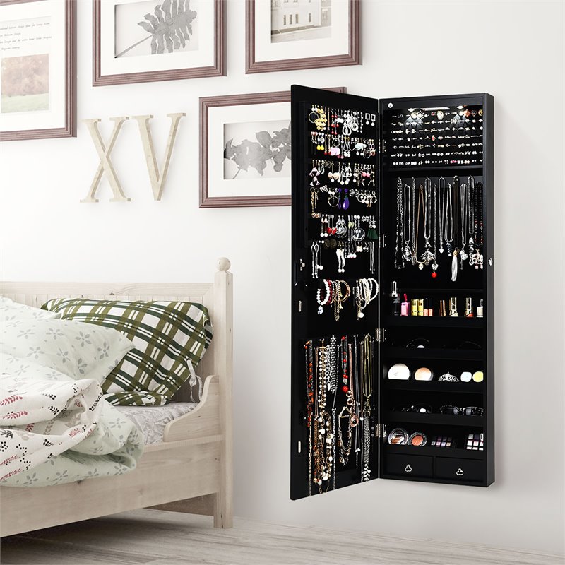 Pemberly Row Wall/Door Mounted Full-length Mirror Jewelry Cabinet in Black