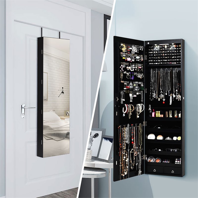 Pemberly Row Wall/Door Mounted Full-length Mirror Jewelry Cabinet in Black