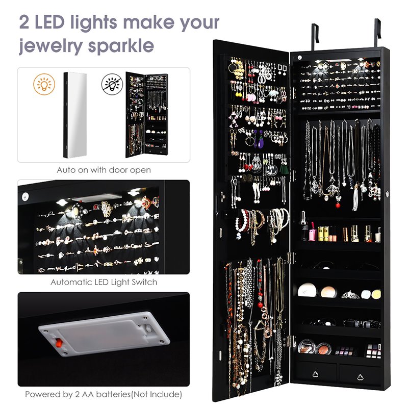 Pemberly Row Wall/Door Mounted Full-length Mirror Jewelry Cabinet in Black