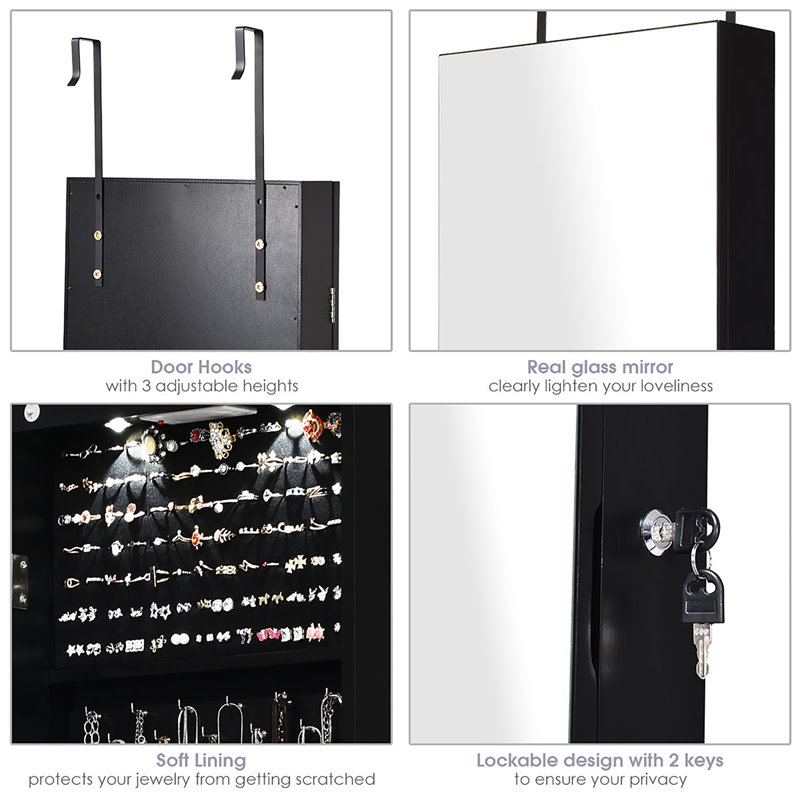 Pemberly Row Wall/Door Mounted Full-length Mirror Jewelry Cabinet in Black