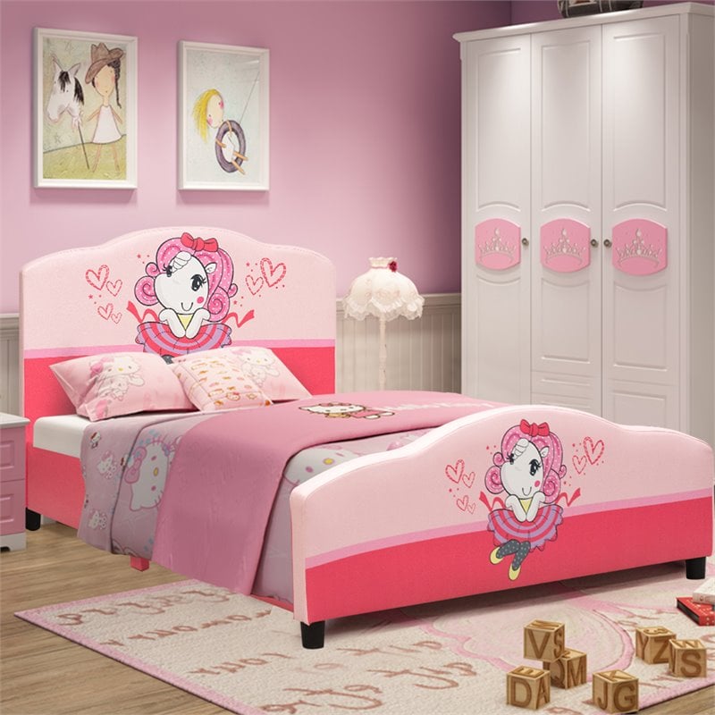 Pemberly Row Wood & Sponge Platform Kids Toddler Bed For Girls in Pink