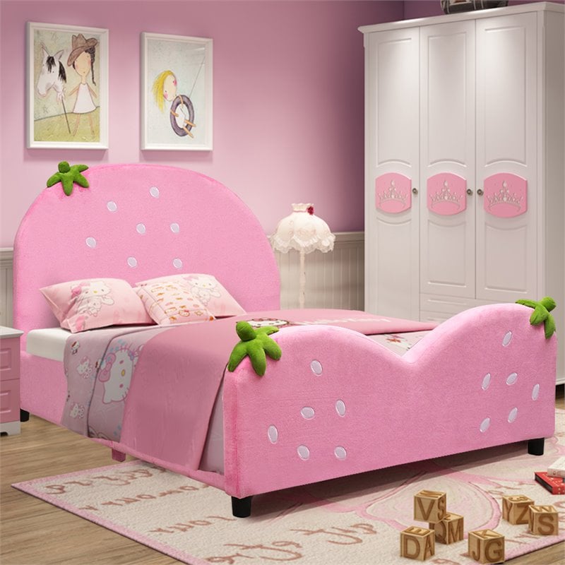 Pemberly Row MDF & Velvet Platform Kids Toddler Bed with 13 Ribs in Pink