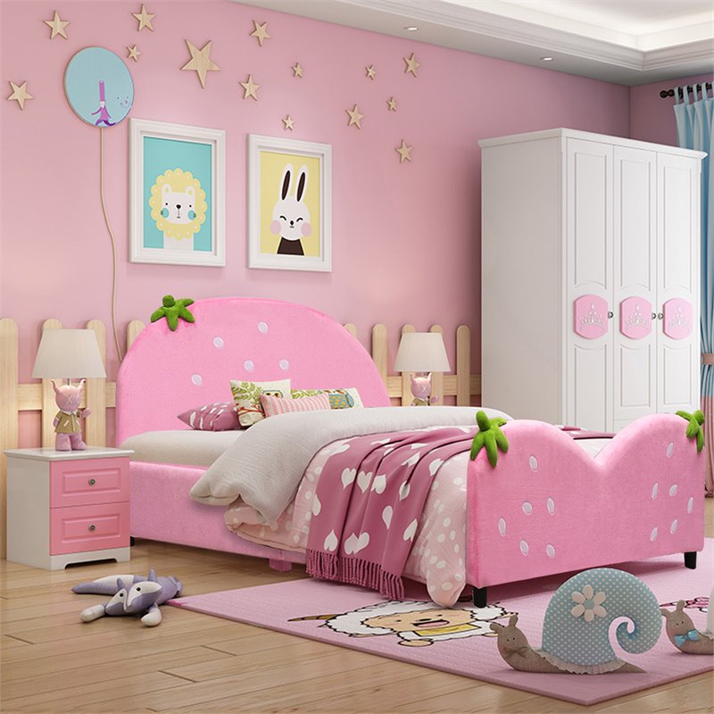 Pemberly Row MDF & Velvet Platform Kids Toddler Bed with 13 Ribs in Pink