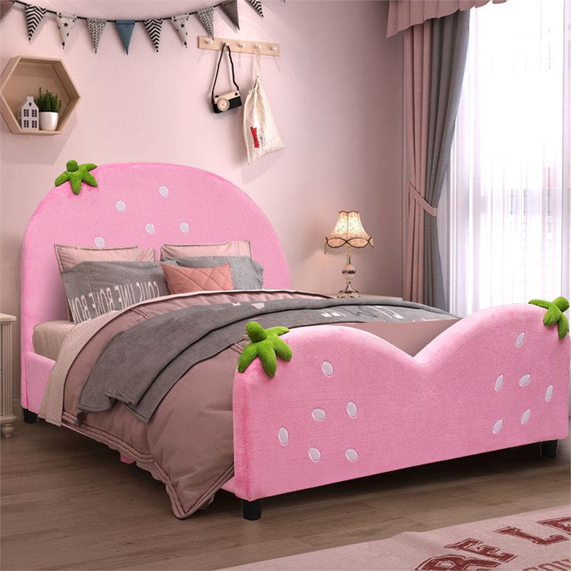 Pemberly Row MDF & Velvet Platform Kids Toddler Bed with 13 Ribs in Pink