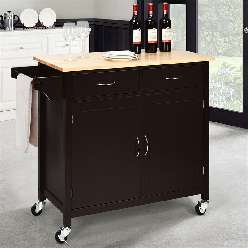 Pemberly Row MDF Pine and Rubber Wood Rolling Kitchen Island Cart in Brown