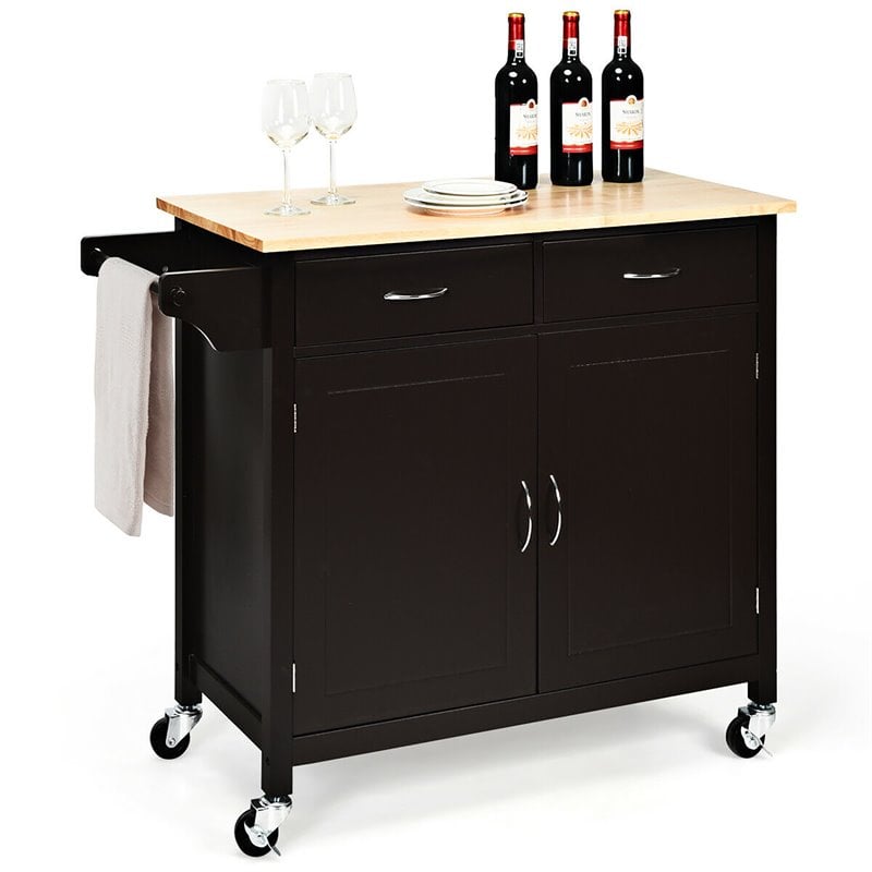 Pemberly Row MDF Pine and Rubber Wood Rolling Kitchen Island Cart in Brown