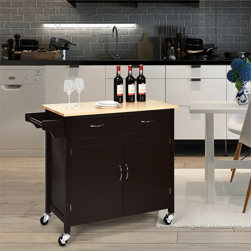 Pemberly Row MDF Pine and Rubber Wood Rolling Kitchen Island Cart in Brown
