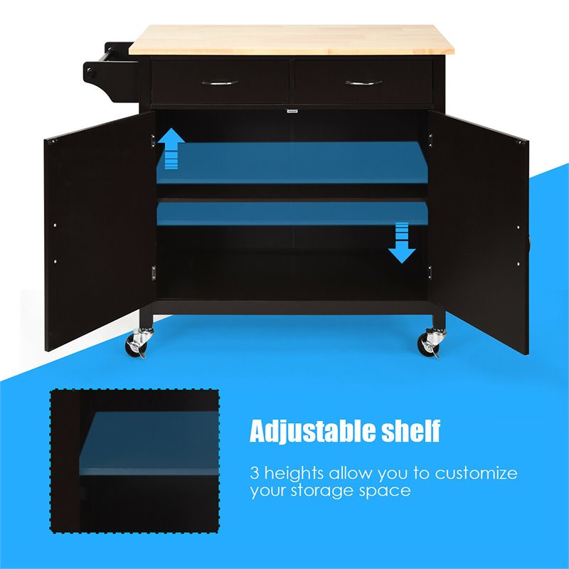 Pemberly Row MDF Pine and Rubber Wood Rolling Kitchen Island Cart in Brown