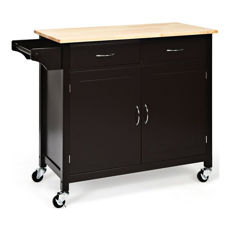 Pemberly Row MDF Pine and Rubber Wood Rolling Kitchen Island Cart in Brown