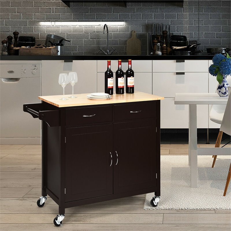 Pemberly Row MDF Pine & Rubber Wood Rolling Kitchen Island Cart in Brown Finish