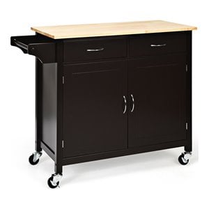 Pemberly Row MDF Pine & Rubber Wood Rolling Kitchen Island Cart in Brown Finish