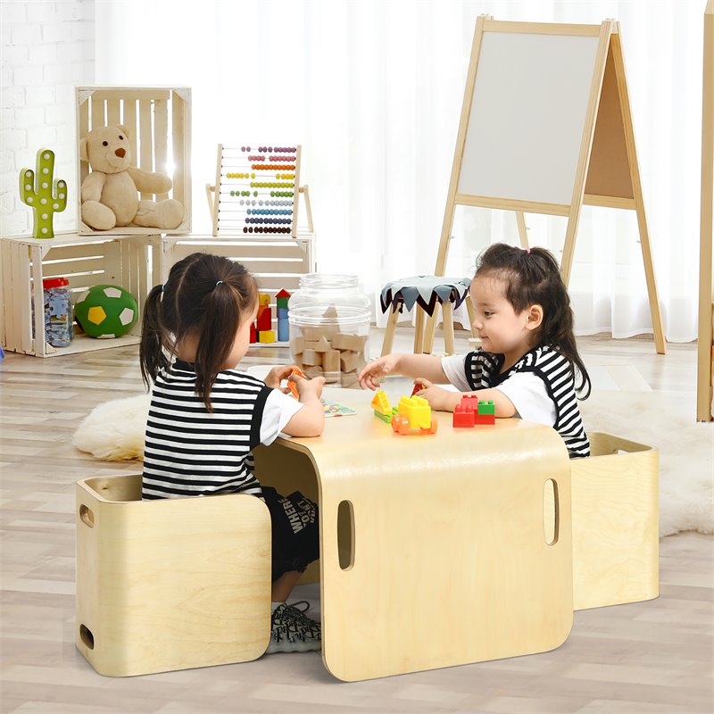 Pemberly Row 3-piece Contemporary Birch Wood Kids Table & Chair Set in Natural