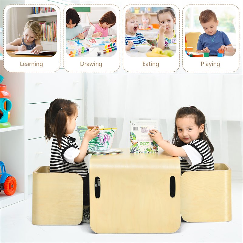 Pemberly Row 3-piece Contemporary Birch Wood Kids Table & Chair Set in Natural