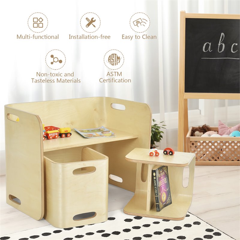 Pemberly Row 3-piece Contemporary Birch Wood Kids Table & Chair Set in Natural