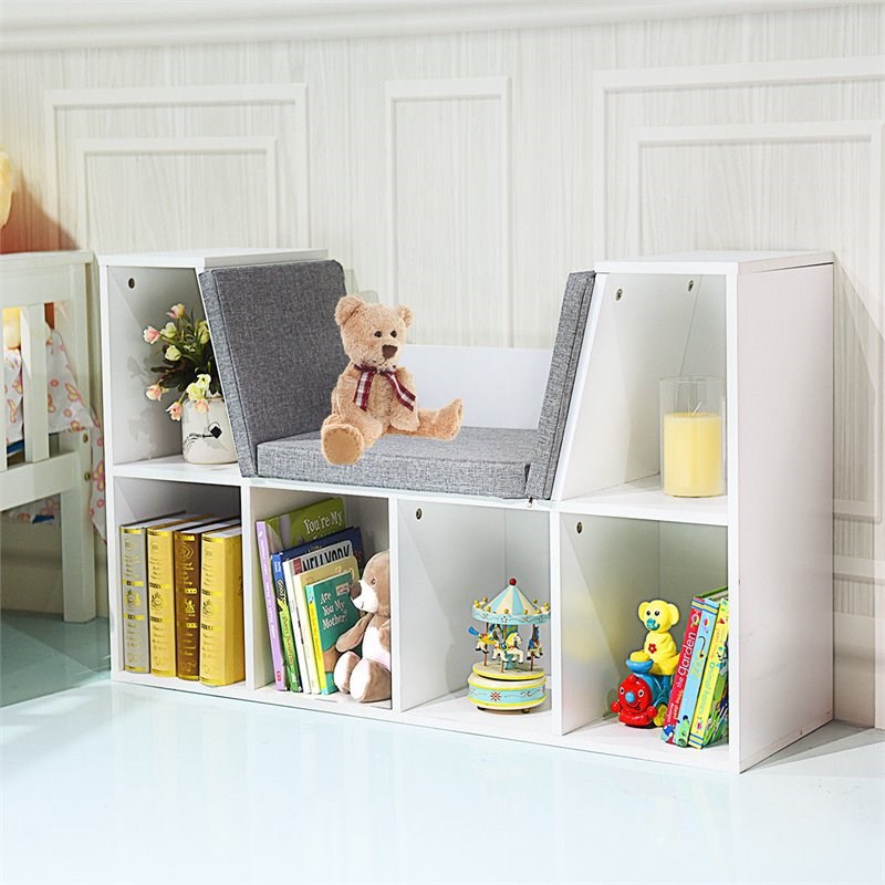 Pemberly Row Particle Board Multi-Purpose Kid Bookcase with 6 Cubby in White