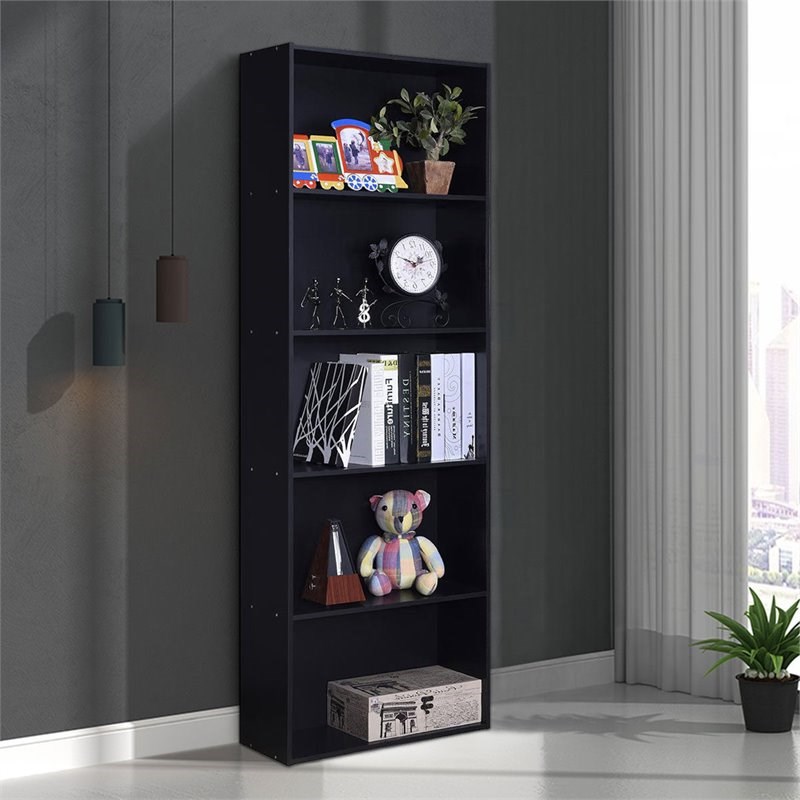Pemberly Row 5-Shelf MDF Veneer Multi-Functional Storage Bookcase in Black