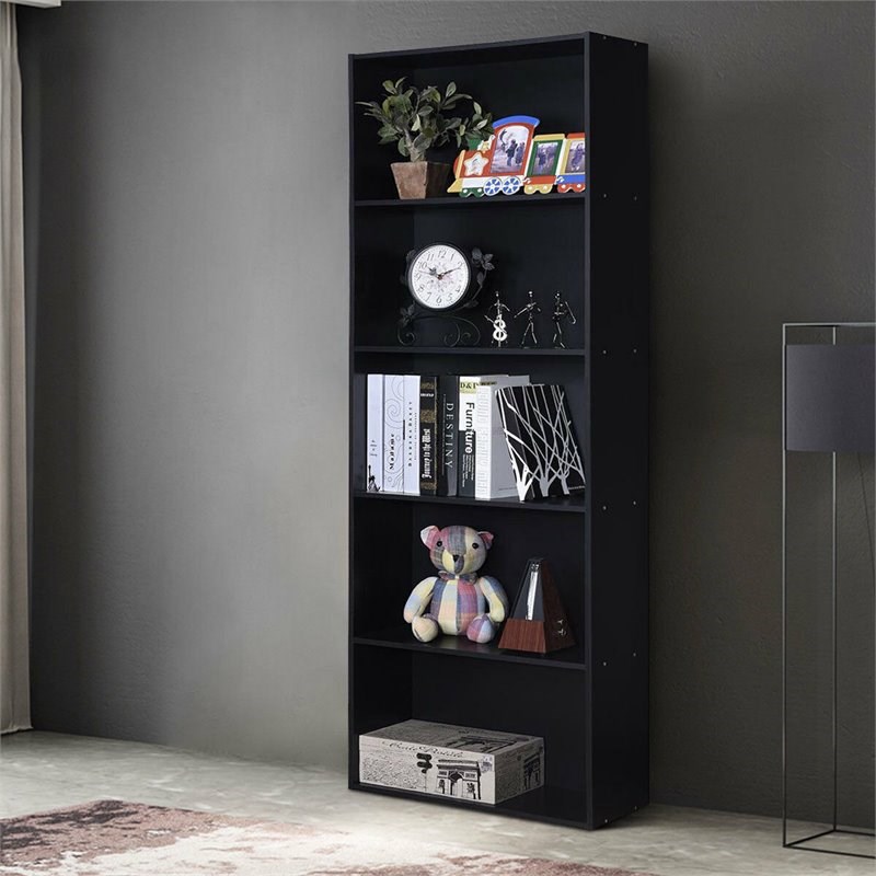 Pemberly Row 5-Shelf MDF Veneer Multi-Functional Storage Bookcase in Black