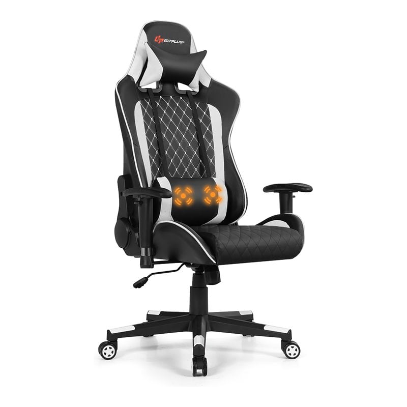 Pemberly Row PU Metal Massage Gaming Chair w/ Lumbar Support & Headrest in White