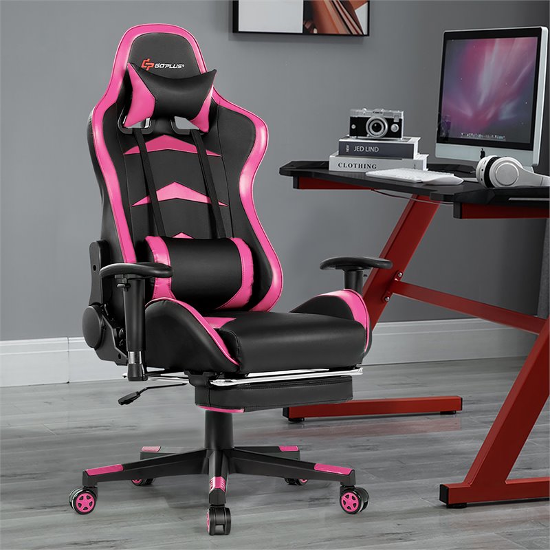 Pemberly Row Sponge and Metal Swivel Massage Gaming Chair with Footrest in Pink