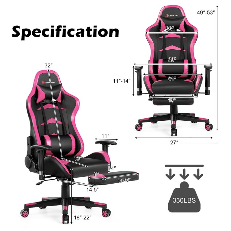 Pemberly Row Sponge and Metal Swivel Massage Gaming Chair with Footrest in Pink