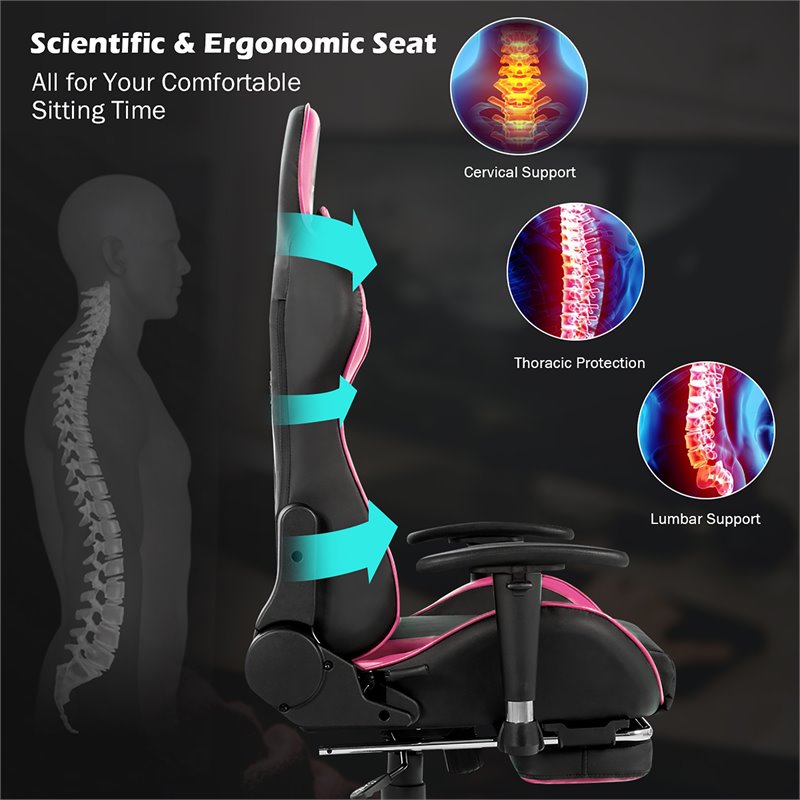 Pemberly Row Sponge and Metal Swivel Massage Gaming Chair with Footrest in Pink