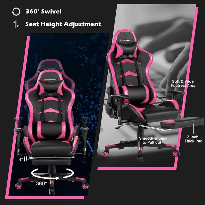Pemberly Row Sponge and Metal Swivel Massage Gaming Chair with Footrest in Pink