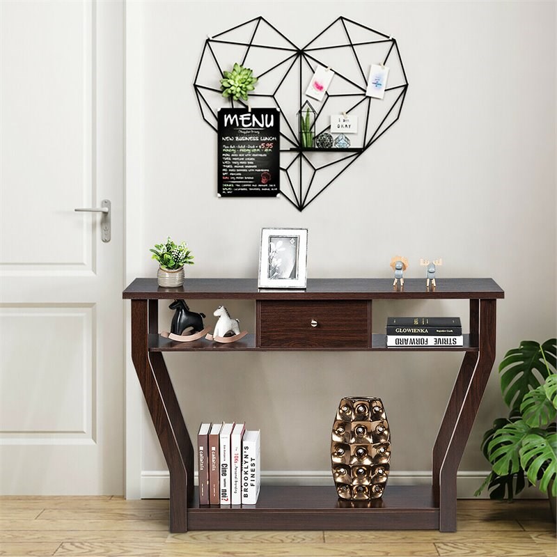 Pemberly Row 3-tier Contemporary MDF Console Table with Drawer in Brown