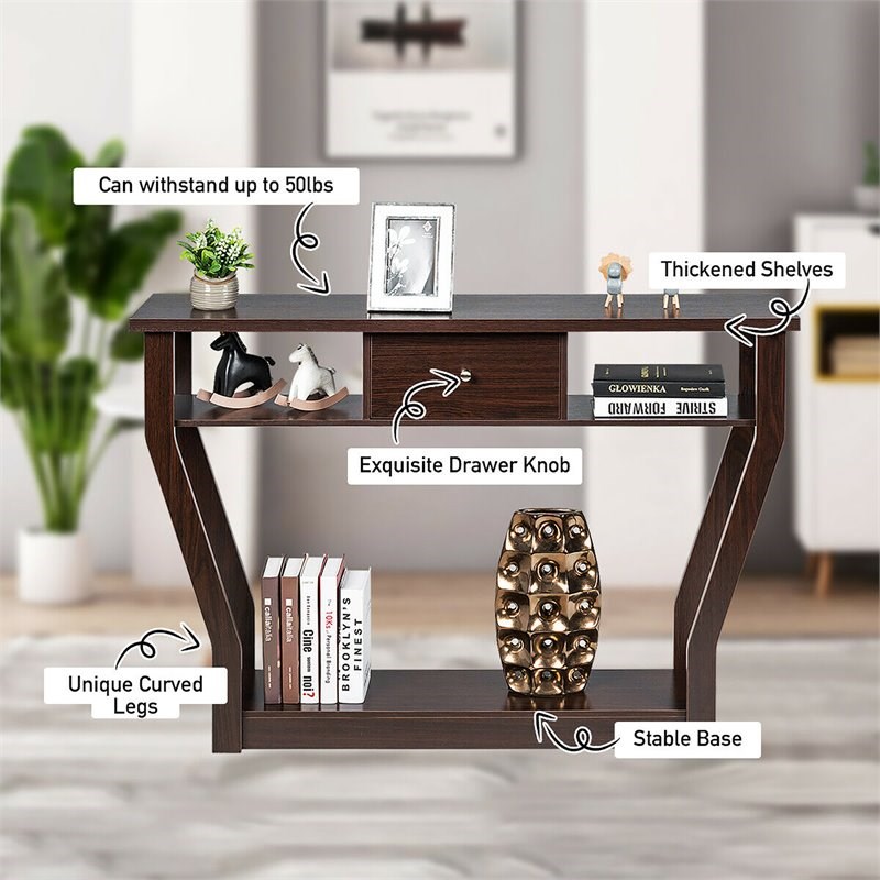 Pemberly Row 3-tier Contemporary MDF Console Table with Drawer in Brown