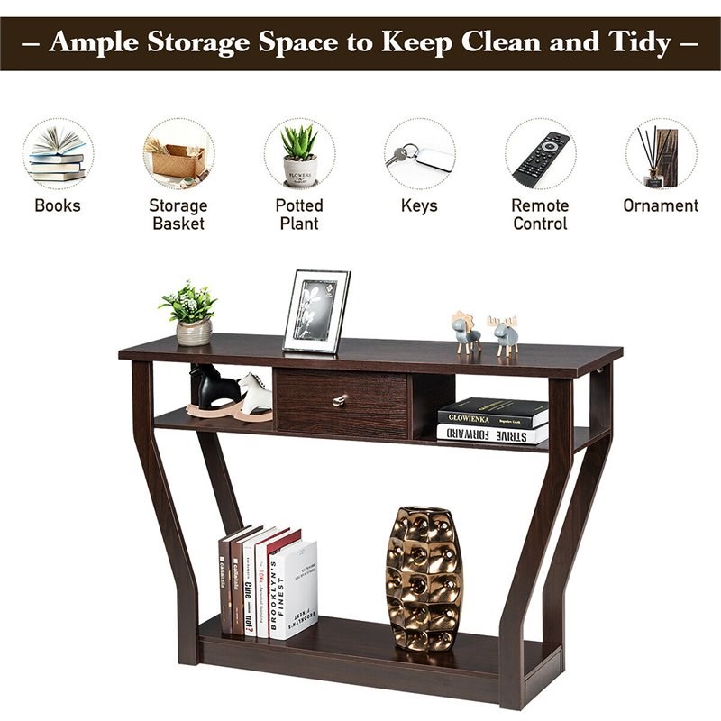 Pemberly Row 3-tier Contemporary MDF Console Table with Drawer in Brown
