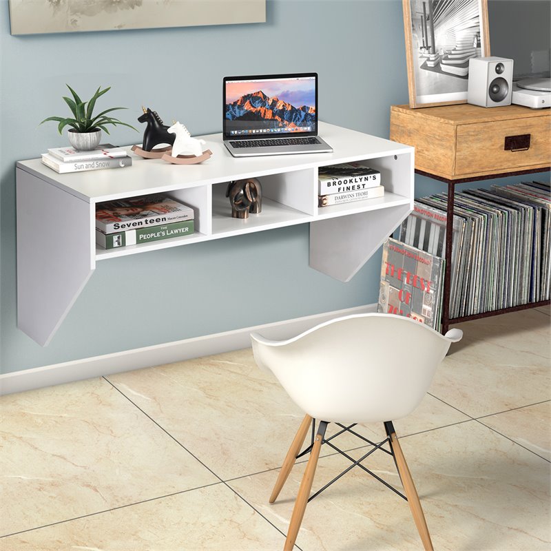 Pemberly Row Contemporary MDF Wall Mounted Floating Computer Desk in White